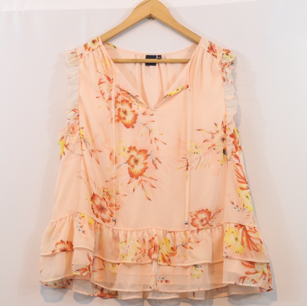 Kaari Blue Curvy Floral Sleeveless Ruffle Top